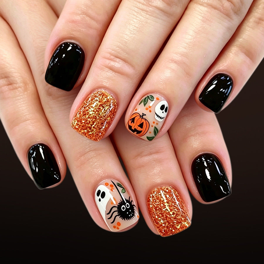 Spooktacular Short Square Black and Orange Glittering Halloween Press On Nail Set