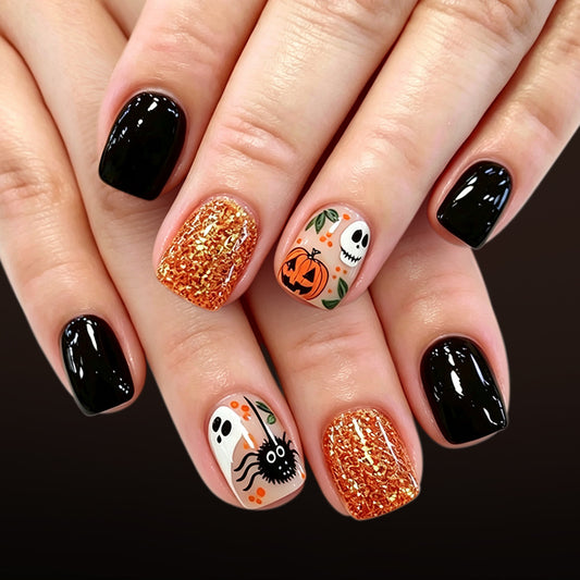 Spooktacular Short Square Black and Orange Glittering Halloween Press On Nail Set