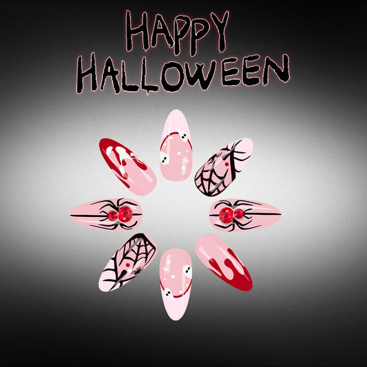 Spooky Halloween Medium Almond Pink with Creepy Spider and Blood Splatter Design Press On Nail Set