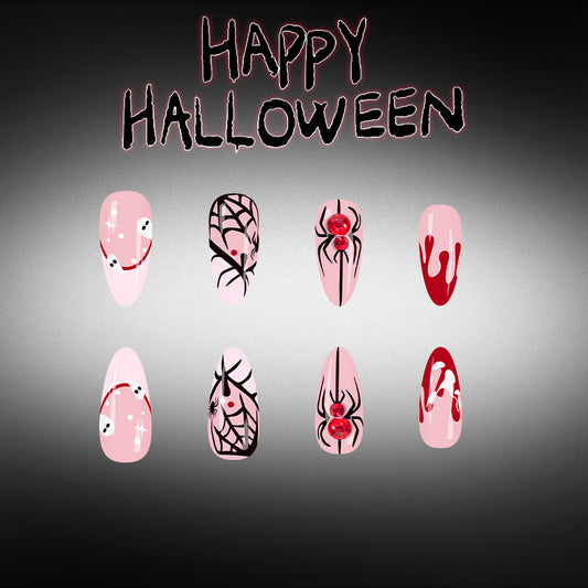 Spooky Halloween Medium Almond Pink with Spider and Dripping Blood Nail Set