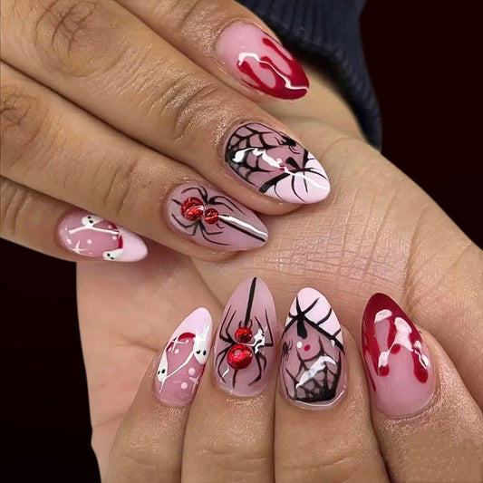 Spooky Short Stiletto Pink Nails with Spider and Blood Details