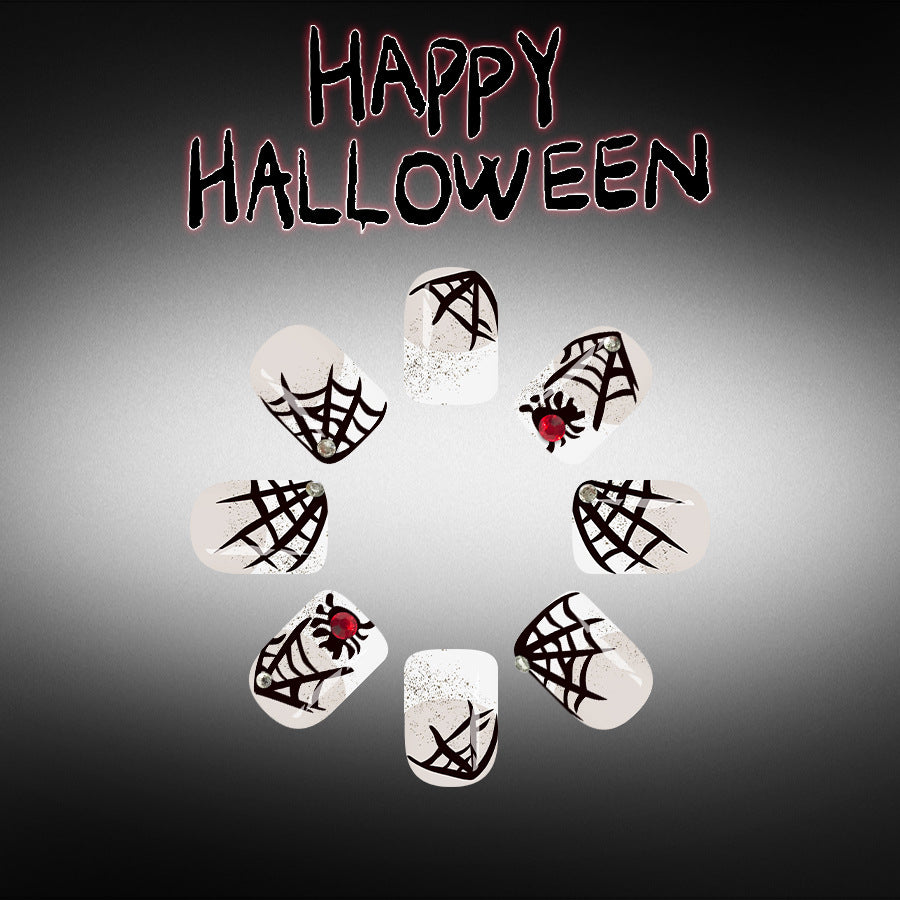 Spooky Halloween Short Square Black Spiderweb Design Press on Nail Set