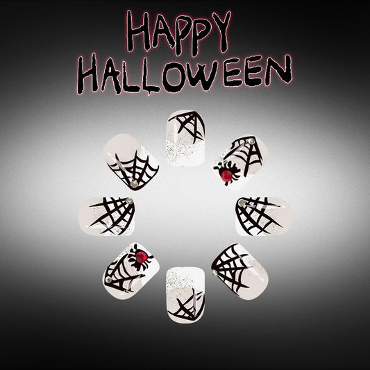Spooky Halloween Short Square Black Spiderweb Design Press on Nail Set