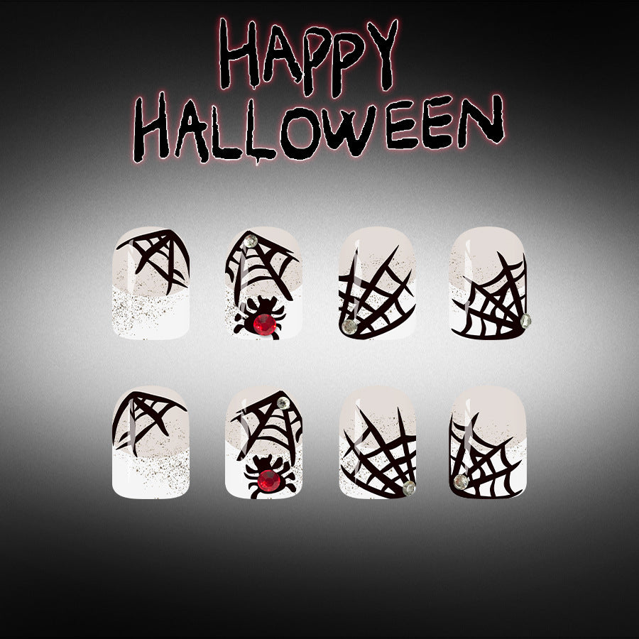 Spooky Season Short Square Black Spider Web Design Press On Nail Set