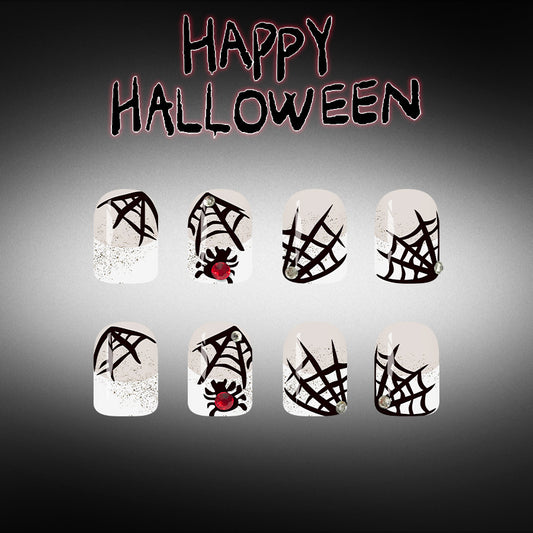 Spooky Season Short Square Black Spider Web Design Press On Nail Set
