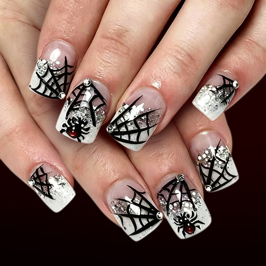 Spooky Elegance Short Square Black Spider Web Press on Nail Set with Glitter and Gems