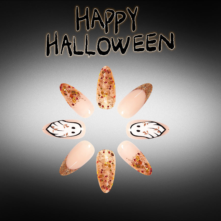 Spooky Long Almond Beige with Glitter Accents Nail Set