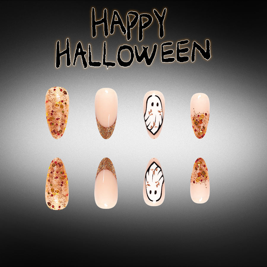 Spooky Halloween Long Almond Glittery Ghost Nail Set