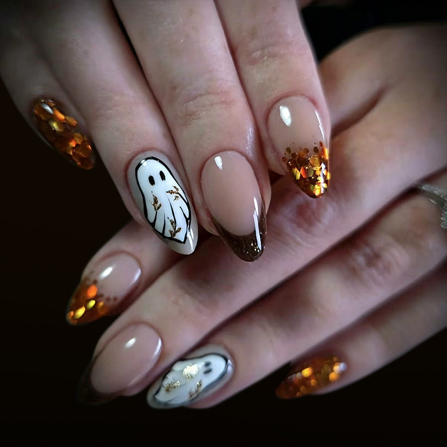 Spooky Ghost Theme Long Almond Beige with Glitter and Ghost Nail Set