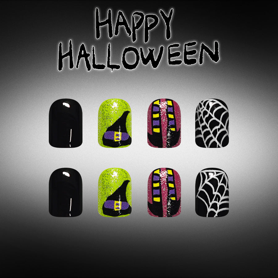 Spooktacular Short Square Black Glitter Press On Nail Set with Halloween Art