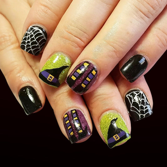 Spooky Short Square Black and Green Glitter Witch Nail Set