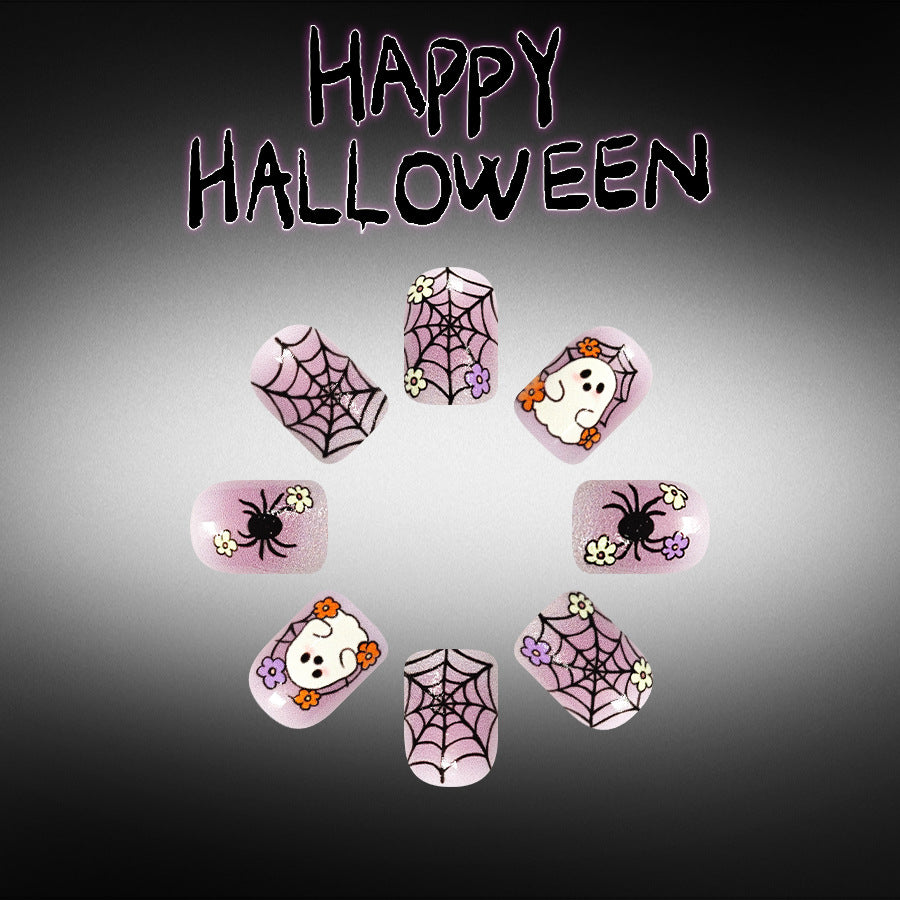Spooktacular Halloween Short Square Pink with Spider and Ghost Design Press on Nail Set