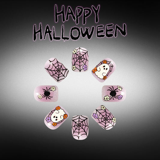 Spooktacular Halloween Short Square Pink with Spider and Ghost Design Press on Nail Set