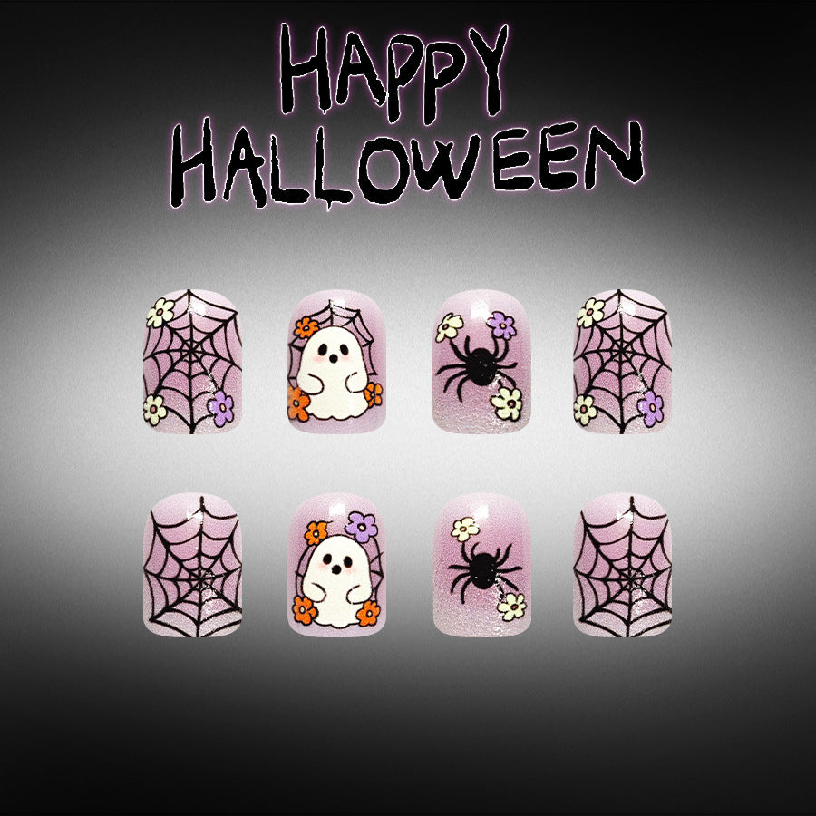 Spooky Halloween Short Square Purple with Ghost and Spider Design Press-On Nail Set