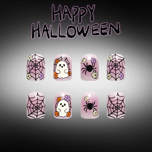 Spooky Halloween Short Square Purple with Ghost and Spider Design Press-On Nail Set