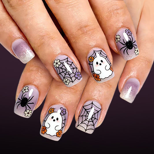 Spooky Vibes Medium Square Lavender with Ghost and Spider Designs Press On Nail Set