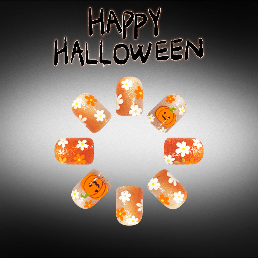 Spooktacular Short Square Orange Floral Press-On Nail Set