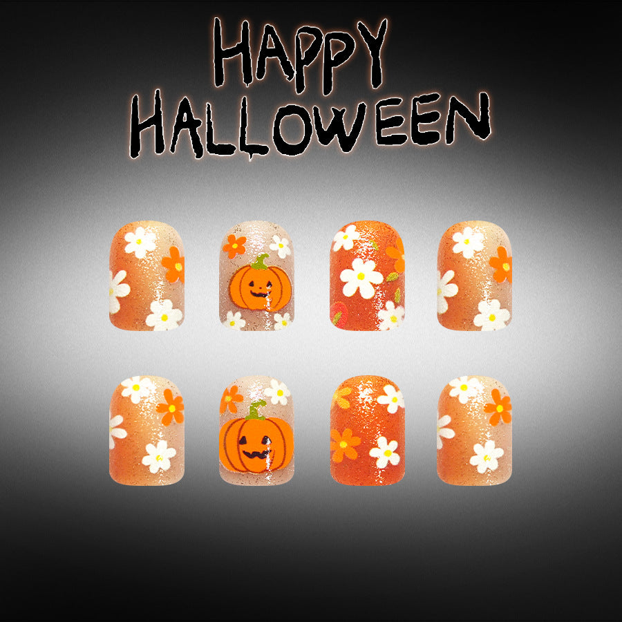 Spooky Halloween Short Square Orange Pumpkin Design Press On Nail Set
