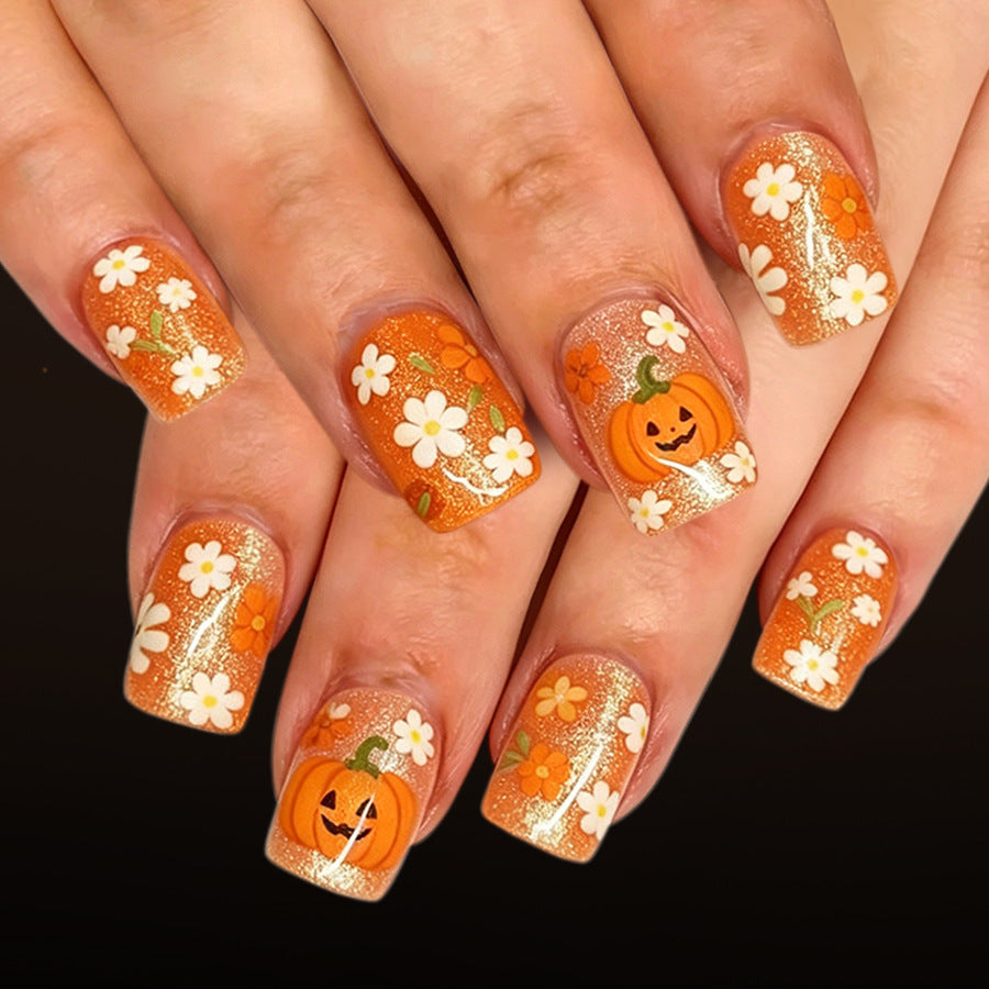 Autumn Bliss Short Square Orange with Floral and Pumpkin Design Press on Nail Set