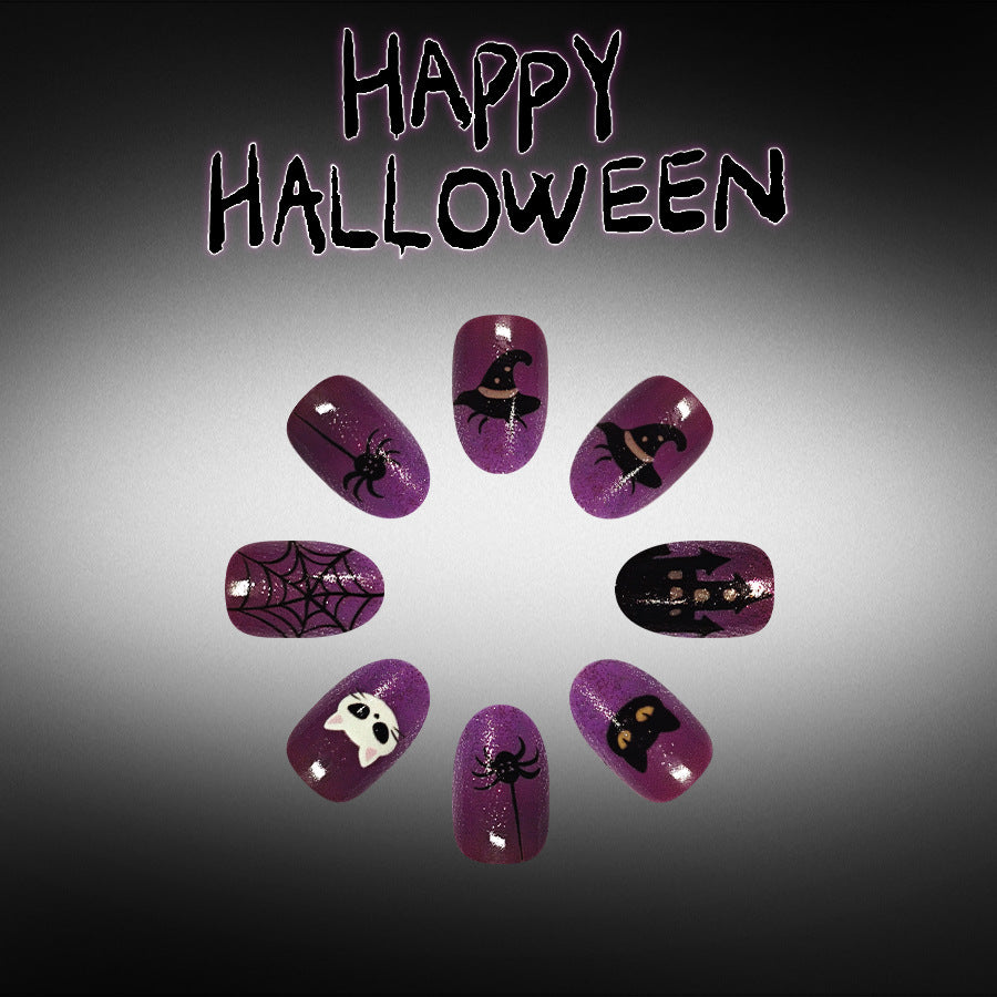 Spooky Halloween Medium Oval Purple Glitter Press On Nail Set with Creepy Designs