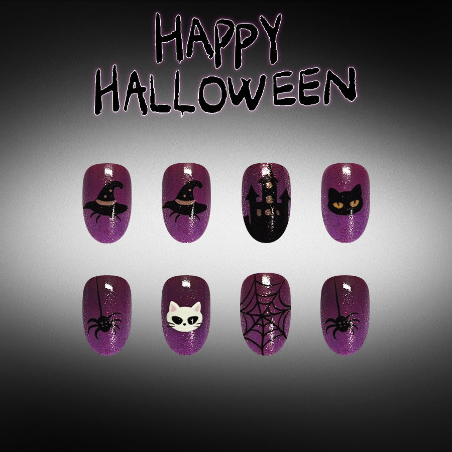 Spooky Halloween Short Oval Purple Glitter Nails with Enchanting Halloween Designs