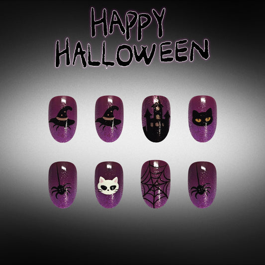 Spooky Halloween Short Oval Purple Glitter Nails with Enchanting Halloween Designs