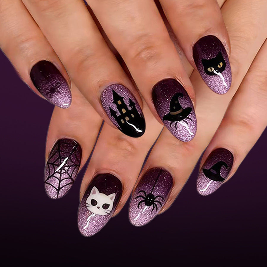 Spooky Vibes Medium Almond Purple Glitter with Halloween Nail Art Press On Set