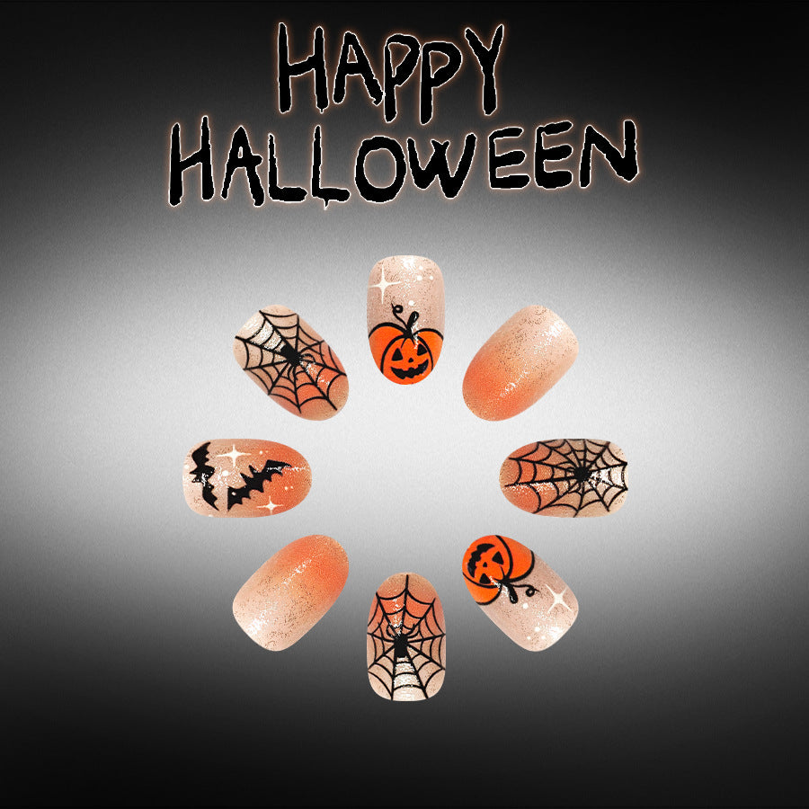 Halloween Inspired Short Round Orange Glitter Press On Nail Set with Spider Web Design