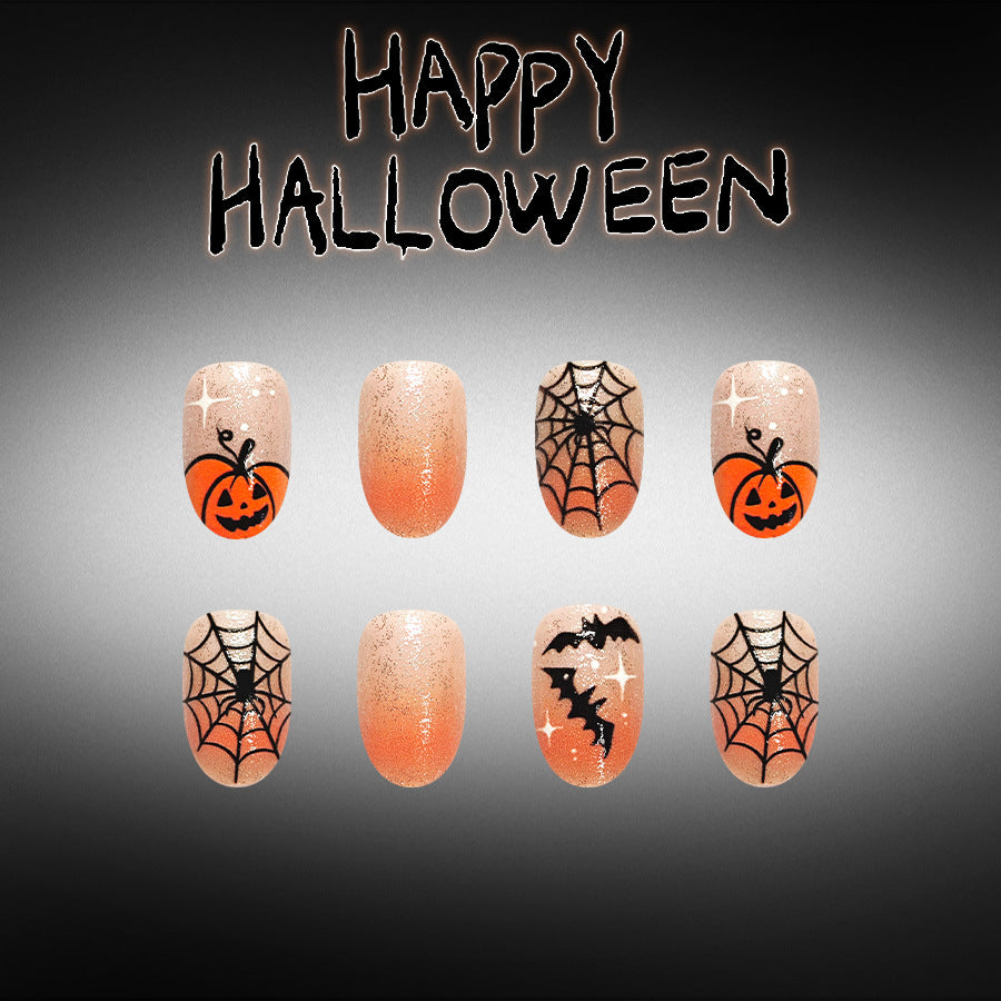 Spooky Halloween Short Oval Orange Glitter with Halloween Designs Press On Nails Set