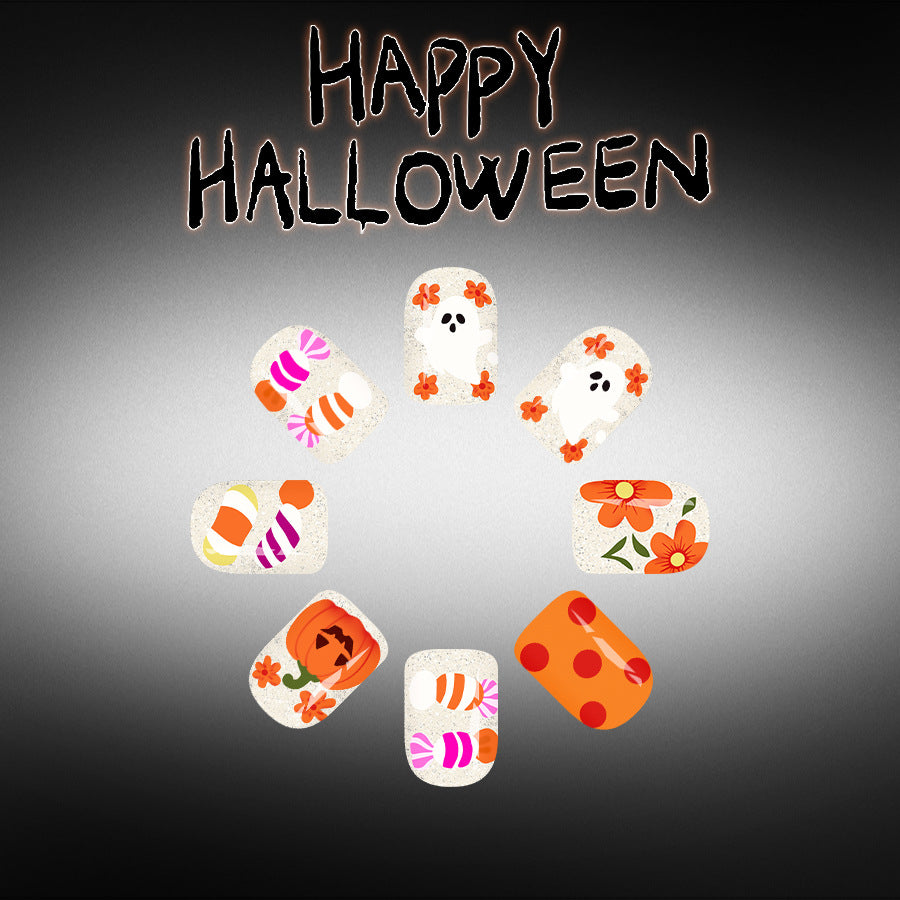 Spooky Halloween Short Square Orange and White Glittery Press On Nail Set