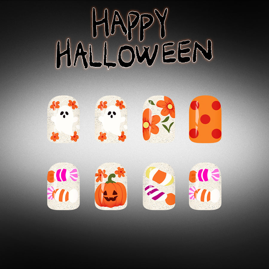 Spooky Halloween Short Square Orange Floral Press On Nail Set