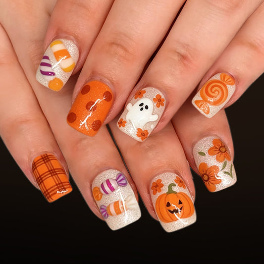 Halloween Inspired Short Square Orange Press On Nail Set with Fun Candy and Pumpkin Designs