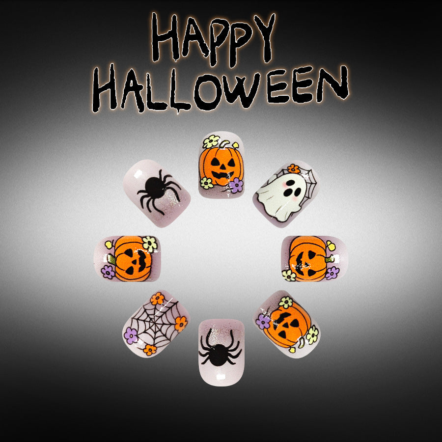 Spooky Vibes Short Square Orange and Black Halloween Themed Press On Nail Set