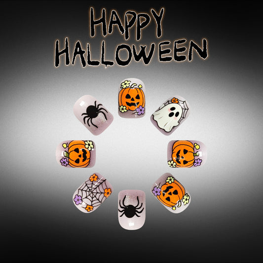 Spooky Vibes Short Square Orange and Black Halloween Themed Press On Nail Set