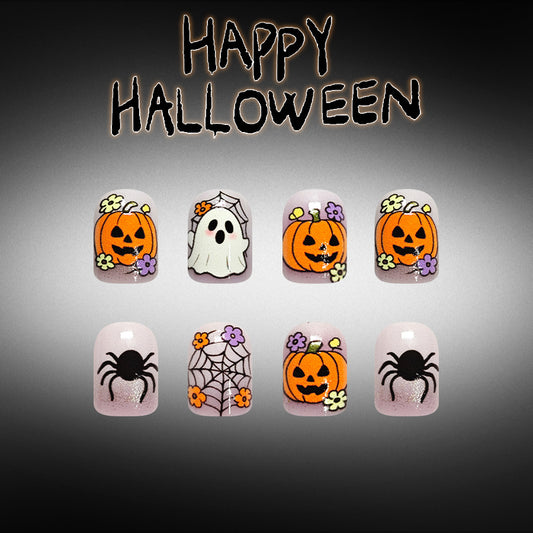 Spooky Halloween Short Square Orange Pumpkin Nail Set with Spider Design