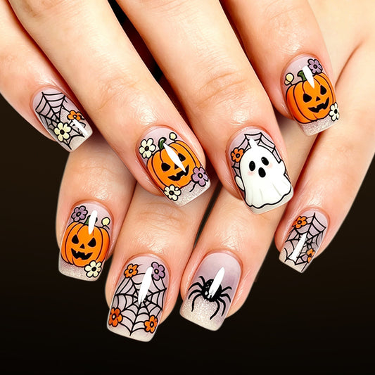 Spooky Season Short Square Orange with Halloween Design Press-On Nail Set