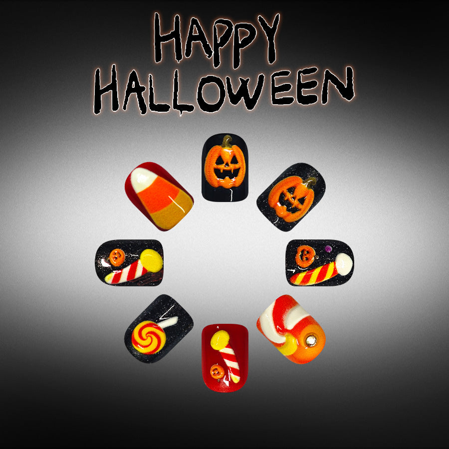Spooktacular Short Square Orange with Halloween Candy Designs Press On Nail Set