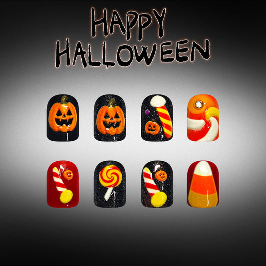 Halloween Themed Short Square Orange and Black Nail Set with Fun 3D Decorations