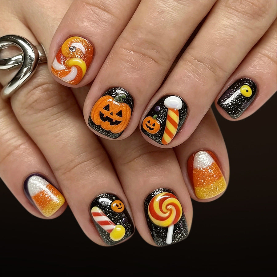 Halloween Themed Short Square Orange Glittery Press On Nail Set