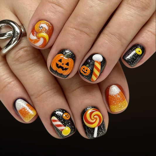 Halloween Themed Short Square Orange Glittery Press On Nail Set