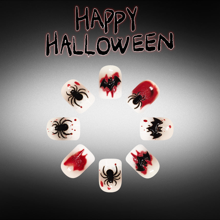Spooky Glam Short Square Red and Black Spider and Bat Nail Set