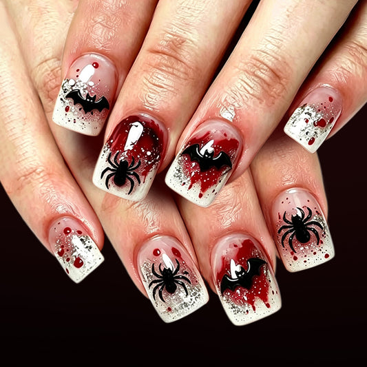 Halloween Horrors Short Square Red and Black Spider Design Press on Nail Set