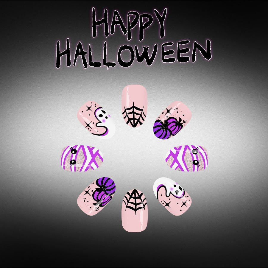 Spooky Season Short Oval Pink with Halloween Spider Web Design Press on Nail Set