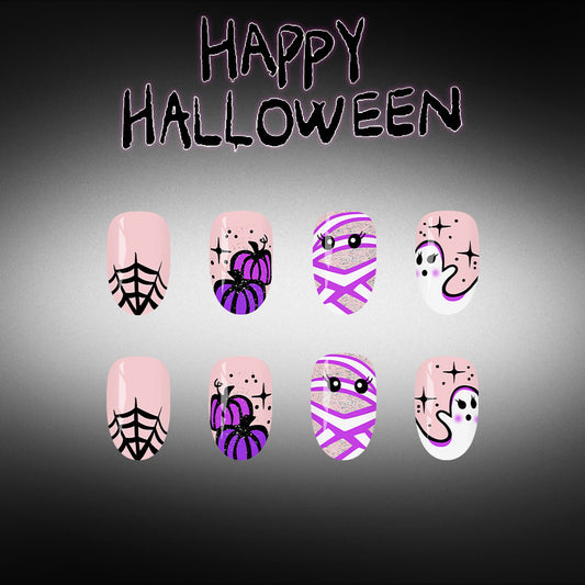 Spooky Halloween Short Almond Purple with Spider and Pumpkin Design Press On Nail Set