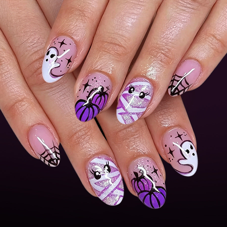 Spooky Halloween Medium Almond Purple with Ghost and Pumpkin Designs Press On Nail Set