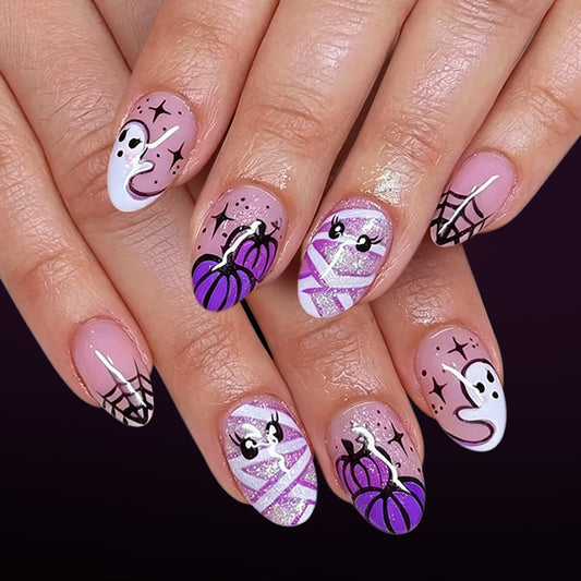Spooky Halloween Medium Almond Purple with Ghost and Pumpkin Designs Press On Nail Set