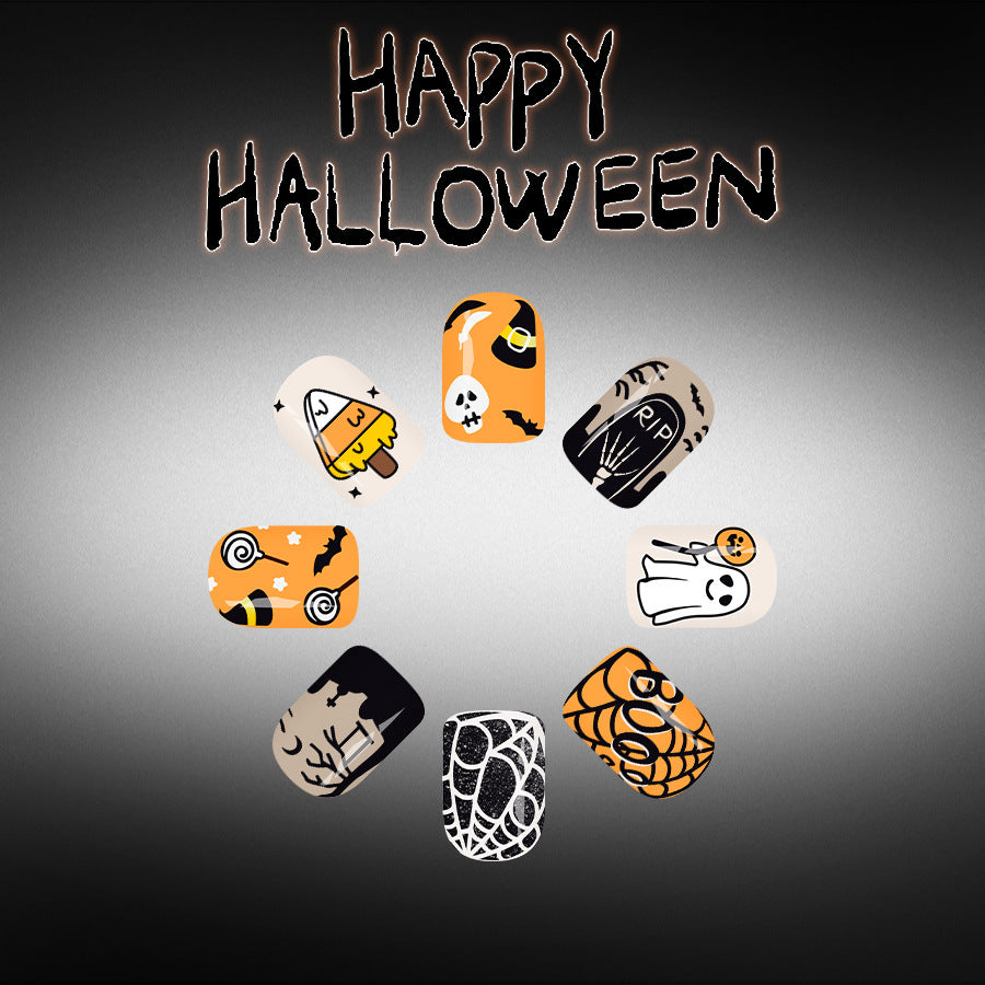 Spooky Halloween Medium Square Orange Press on Nail Set with Fun Whimsical Designs