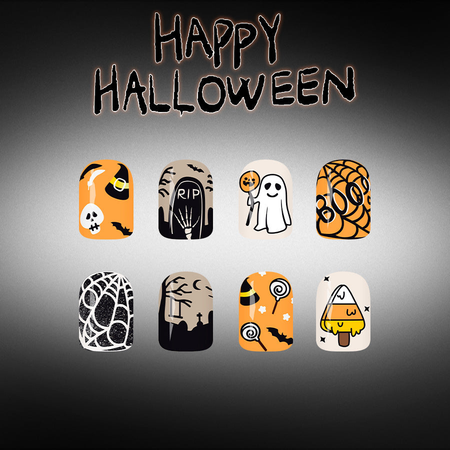 Halloween Themed Medium Square Orange Press On Nail Set with Unique Spooky Designs