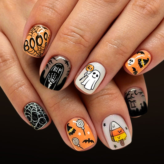 Spooky Short Square Orange and Black Halloween Themed Press on Nail Set
