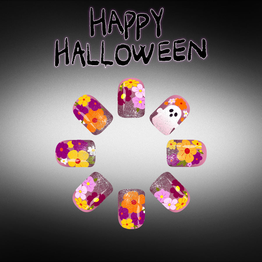 Enchanting Floral Halloween Short Square Purple and Glittery Press On Nail Set